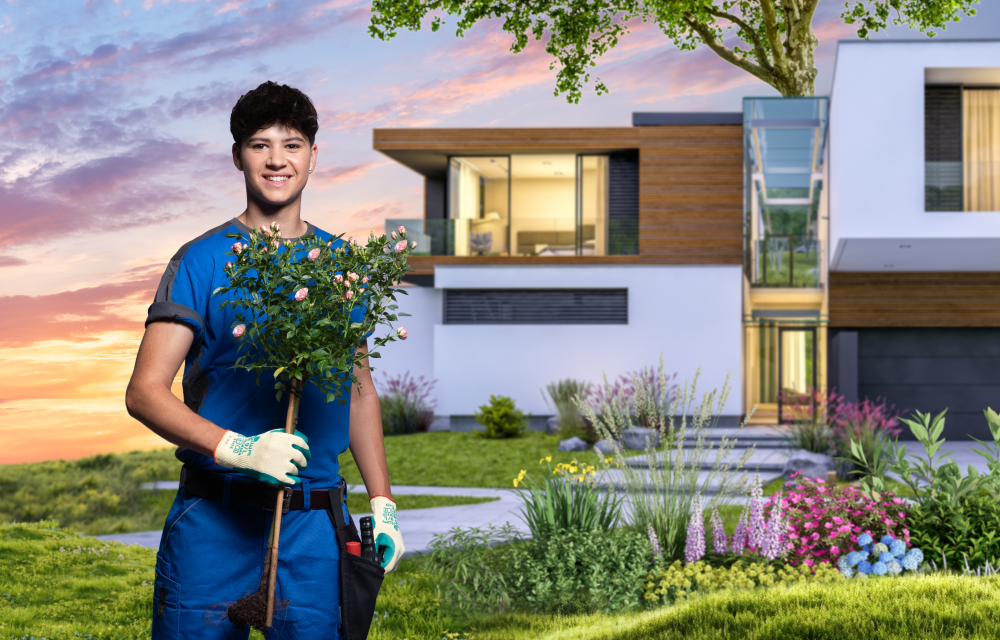 Gärtner mit Rosenpflanze vor modernem Haus mit buntem Blumenbeet bei Sonnenuntergang Gartenbau Aargau Schoop Gartenbau